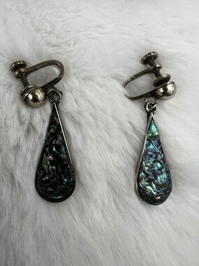 Vintage Mexico Silver Abalone Shell Pierced Dangle Earrings